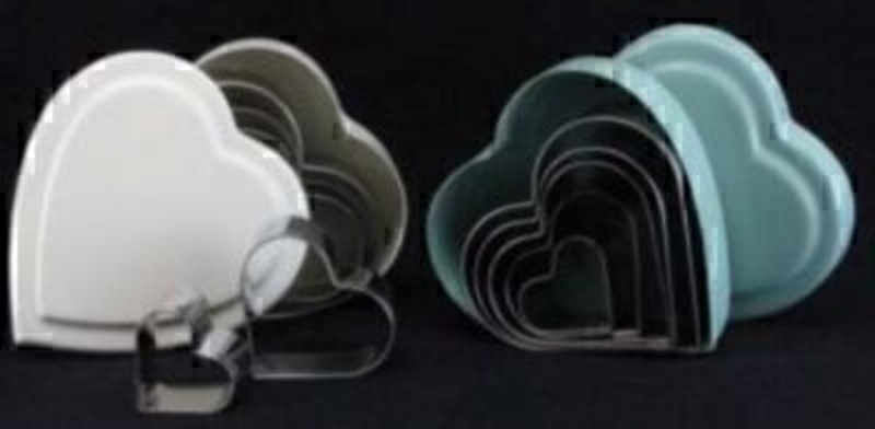 Set of 5 heart shaped cookie cutters in Cream or Vintage Blue Heart tin box by Gisela Graham. If preference please specify Cream or Vintage Blue when ordering Size 10x10x3.3. Cutters sizes 8.5, 7.5, 7, 5, and 3.5cm